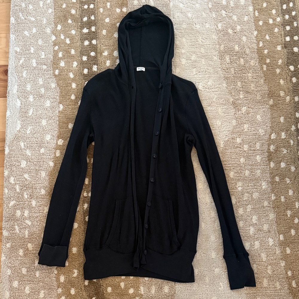 Splendid - Black Hooded Waffle Knit Cardigan